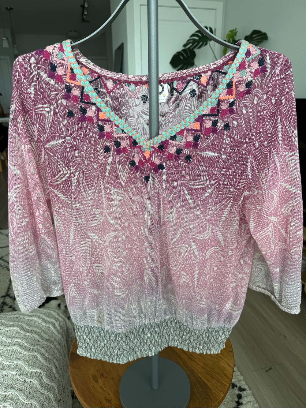 Akemi + Kin Embroidered Ombre V-Neck Tunic Top - Pink and Green